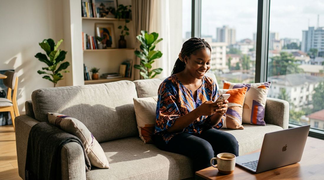 A young woman smiling at her phone on a sofa